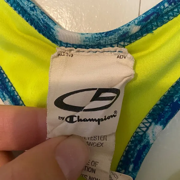 Champion Blue and Neon Yellow Sports Bra - Image 2