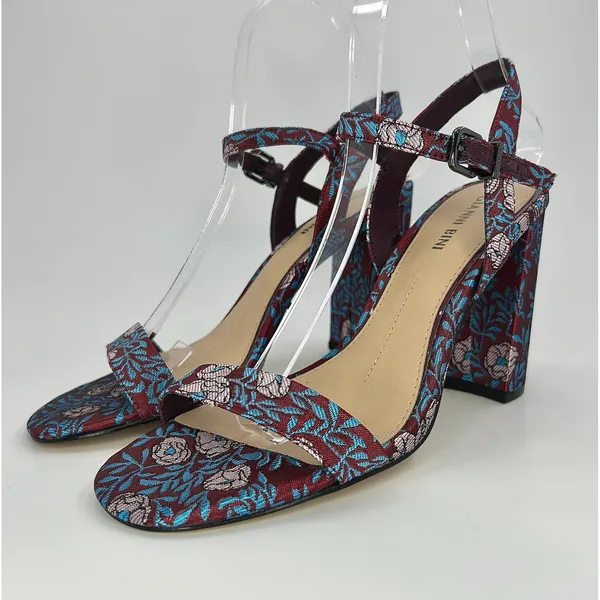 Gianni Bini Mckaria Jacquard Floral Block Heel Sandals Burgundy Blue 7.5 Wedding - Image 4