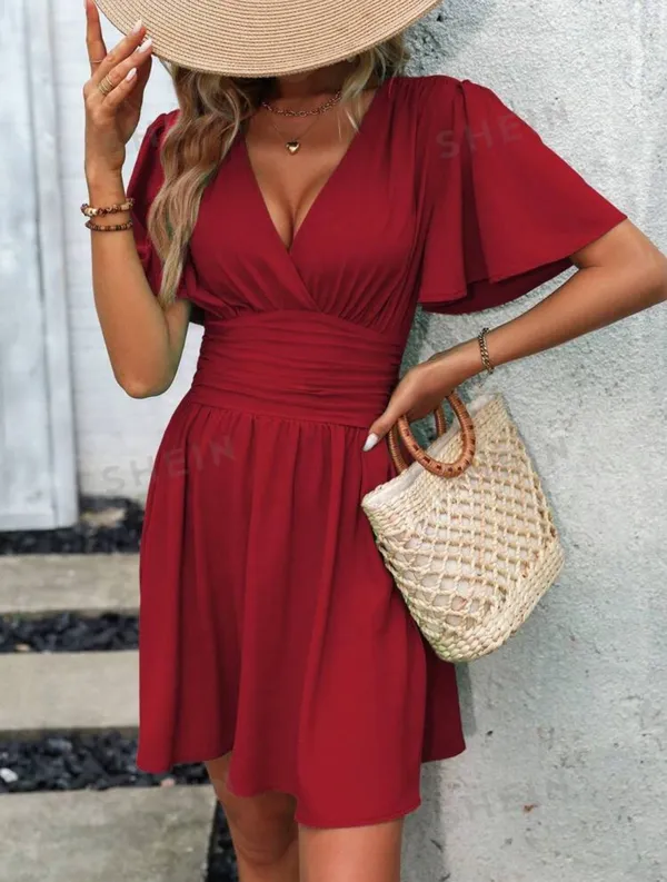 SheIn Clasi Plunging Neck Butterfly Sleeve Ruched Waist Dress - Image 8