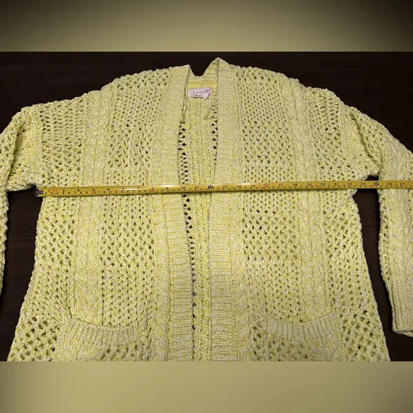 A by ANTHROPOLOGIE Cable Knit Yellow- White CARDIGAN, 73% Cotton, Size M/L - Image 7