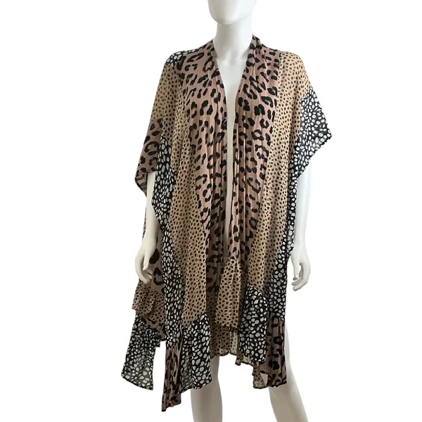 Umgee Womens‎ Leopard Patchwork Ruffle Kimono Wrap Brown Black SM - Image 3