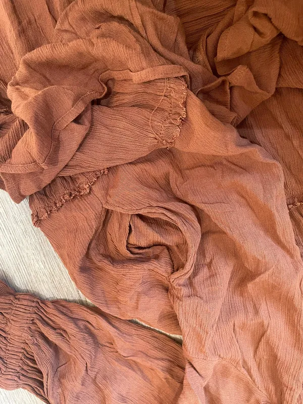 Free People Bea Mini Dress Rust Brown Boho Smocked Tiered Peasant XS - Image 5