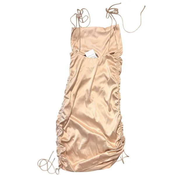 LEAU Champagne Satin Bodycon Mini Dress Ruched Drawstring Adjustable Tie XS - Image 3
