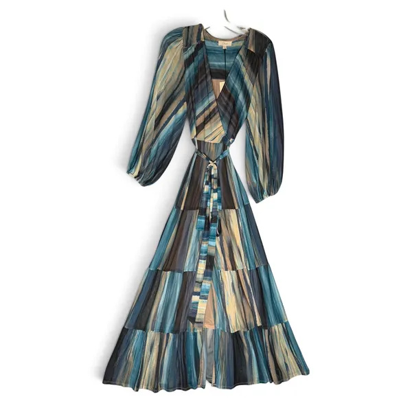 Elan Blue Abstract Stripe Mesh Wrap Tiered Maxi Dress PM50037 Medium NWT - Image 2