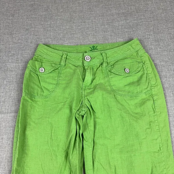 WORN Linen Blend Capri Pants Womens 4 Green Twill Cuffed Pockets Lightweight - Image 4
