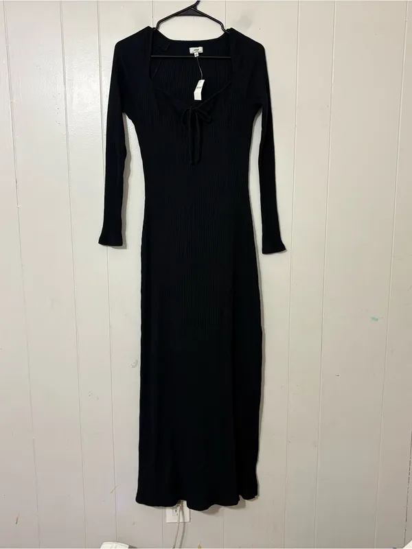 Aerie Ribbed Tie Front Maxi Dress Black Long Sleeve Knit Size S NWT - Image 2