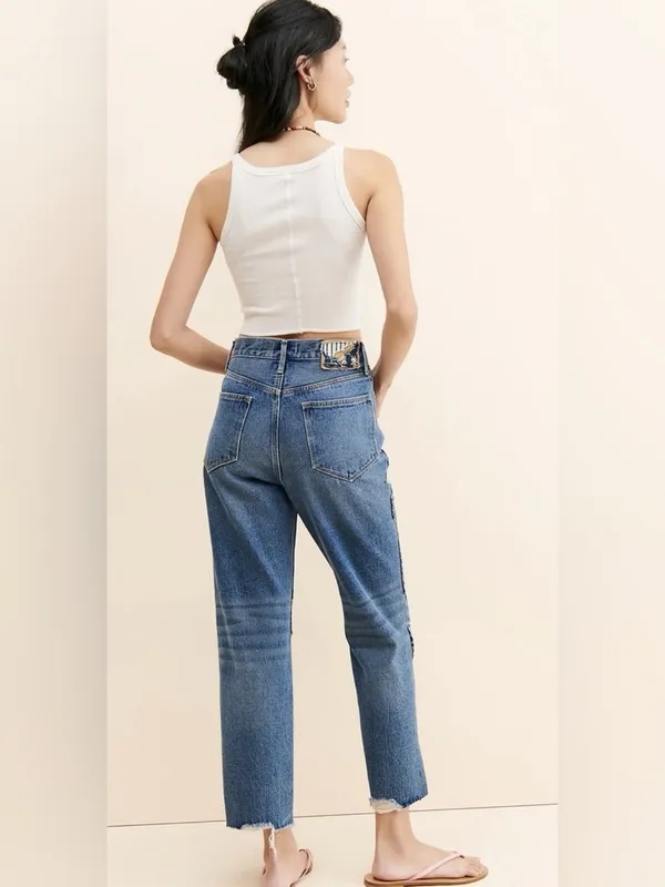 Sundance Driftwood Patchwork jeans Abbey mom Free People High Rise boyfriend boho floral - Image 6