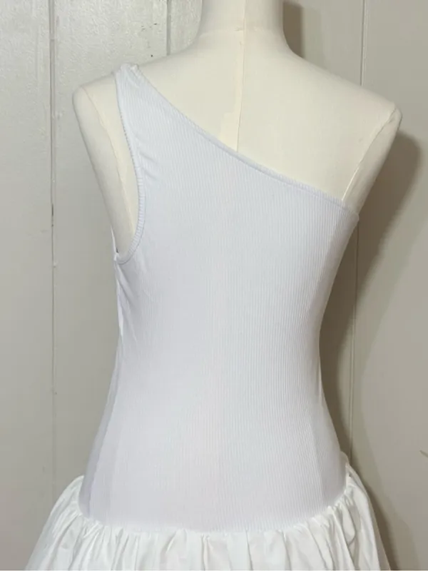 COMMENSE One Shoulder Ribbed Bodice Bubble Mini Dress White Size S NWT - Image 7