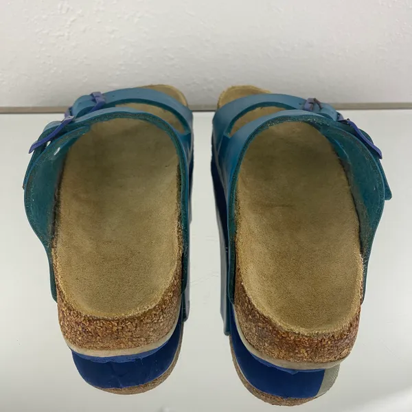 Birkenstock Two Tone Blue Leather Arizona Dual Strap Summer Slip On Sandals - Image 5