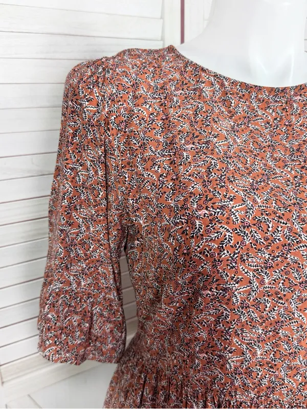 Loft Ditsy Floral Print Tiered‎ Babydoll Dress Rust Orange 12 Boho Cottagecore - Image 5