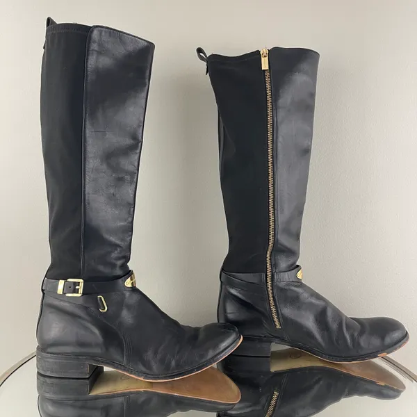 Michael Kors Black Leather Gold Hardware Buckle Arley Knee High Riding Boots - Image 4