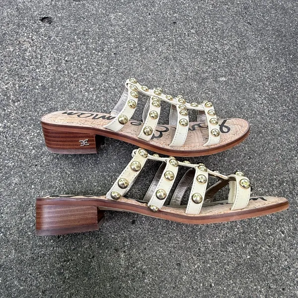 Sam Edelman Women Ivory Leather Studded Cage Slide Sandals Cork Block Heel Sz 8 - Image 7
