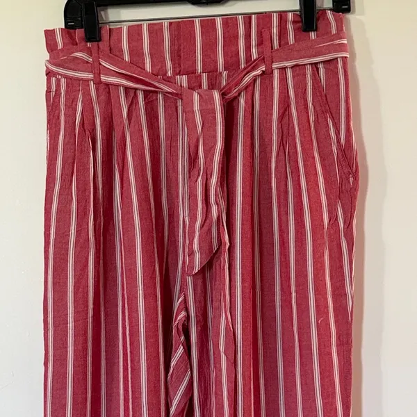 En Creme Red & White Striped Paperbag Tie-Waist Trousers - Image 2