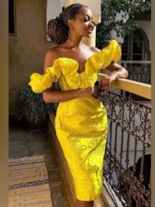 NWT Bella Barnett Yellow Ruffled Off-Shoulder Cocktail Dress size L - Image 4