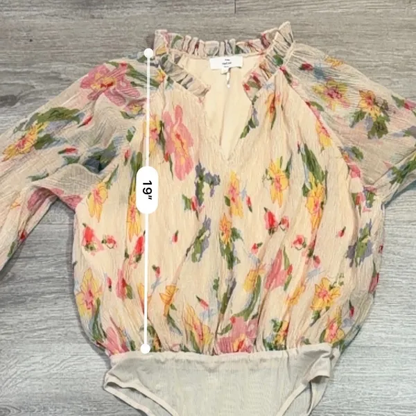 Entro Floral Chiffon Bodysuit Small Ruffle Neck Balloon Sleeve Cottagecore - Image 7