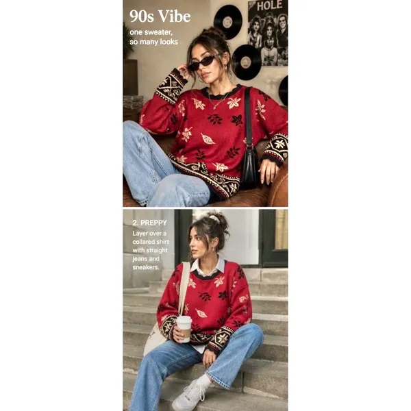 Vtg 90s Sweater‎ Womens Small Red Leaves Scalloped Hem USA Grandmacore Cabincore - Image 2