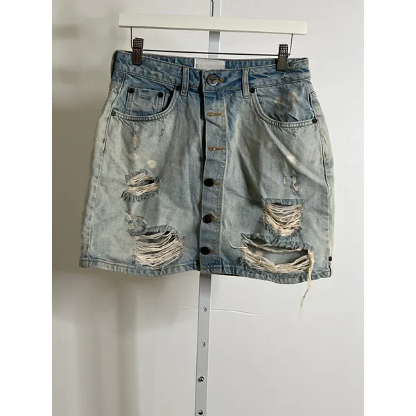 One Teaspoon Sz 26/XS Viper Light Blue Distressed Button Front Denim Mini Skirt - Image 2