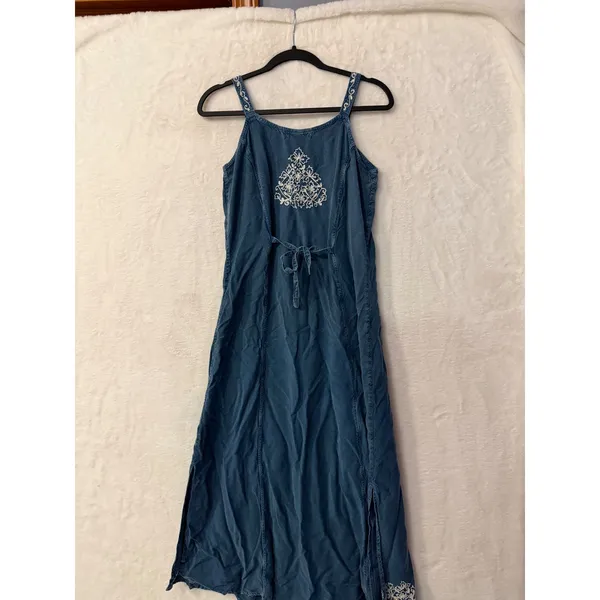 L'Pogee Denim Maxi Dress Womens Sleeveless Embroidered Boho Chambray Blue Long - Image 7