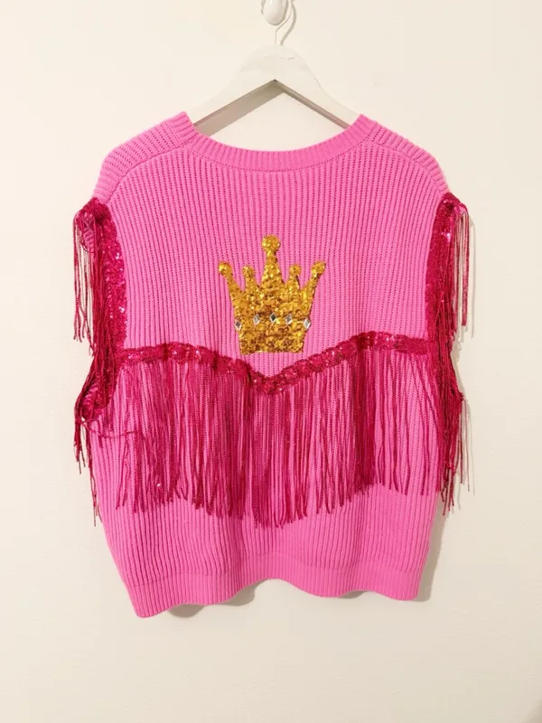 NWT Queen of Sparkles Let's Go Queen Pink Fringe Knit Top Size Large L * - Image 6