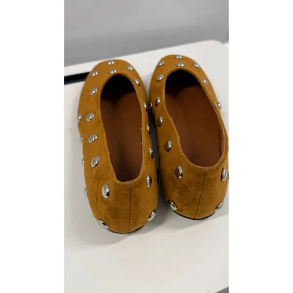Tan Suede Silver Domed Studded Ballet Flats Almond Toe Slip On Shoes Size 10 - Image 3