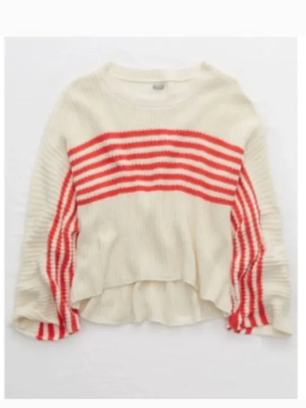 Aerie Women's Size XS Striped Pullover Sweater‎ Cream Red Stripes FLAWED - Image 2
