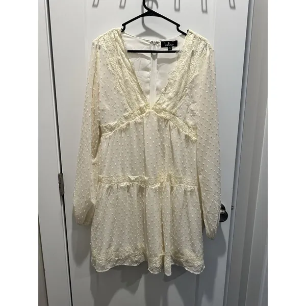 Lulus M Wistful Moment Ivory Swiss Dot Long Sleeve Dress Boho Bridal Shower Chic - Image 3