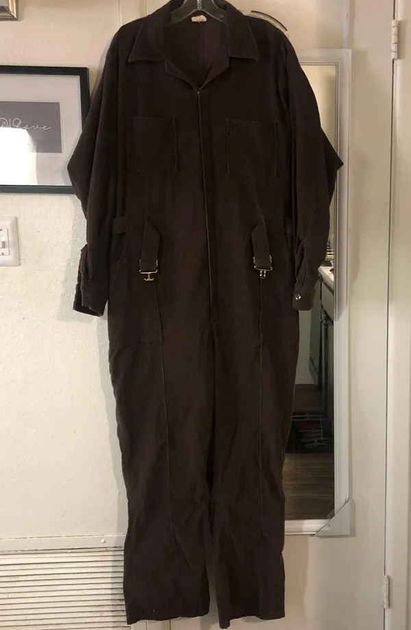 Vintage 80s/90s chocolate Brown corduroy wide leg long sleeve utility jumpsuit with cinched waist - Image 2