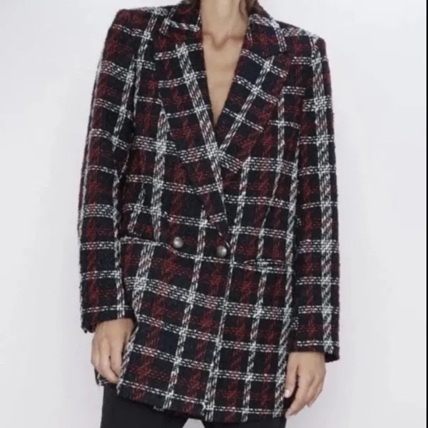 Zara Tweed Double Breasted Blazer Oversized Plaid Red Black Suit‎ Jacket Size XS - Image 9