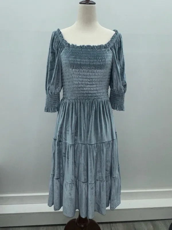 Baltic Born Slate Blue Velvet Smocked Tiered Puff Sleeve Midi Dress Size M - Image 3