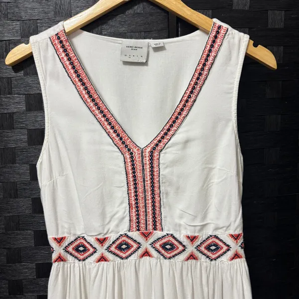 Vero Moda Mini‎ Dress White Embroidered Boho Smocked Vacation Festival Beach S - Image 2