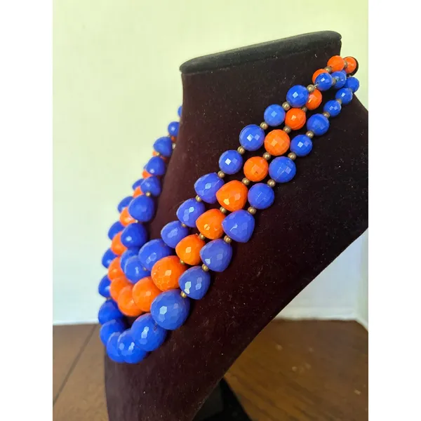 Triple Strand Chunky Bead Bib Necklace Blue Orange Florida Gators UF Faceted - Image 3