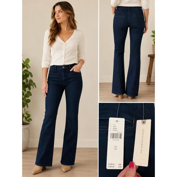 Pilcro‎ Anthropologie High-Rise Flare Jeans Dark Indigo Patch Pocket Size 27 NEW - Image 2