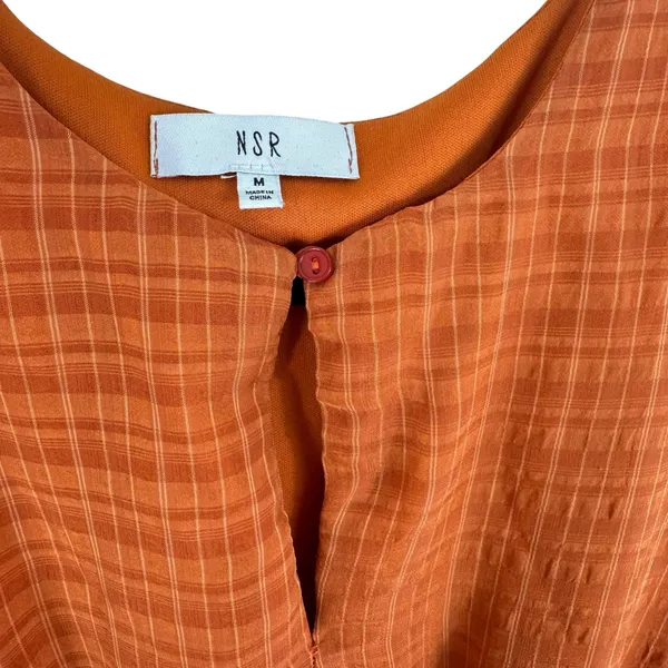 NSR Orange Plaid Long Sleeve Smocked Waist Lined Lightweight Mini Dress‎ Size M - Image 5