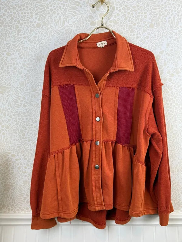 POL Boho Orange Oversized Button-Front Peplum Sweatshirt Jacket - Size - Small - Image 7