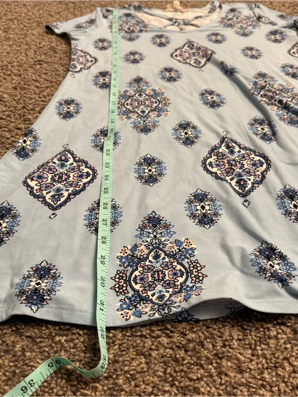 Pink Rose Light Blue Printed Mini Dress with Navy and White Medallions - Image 3