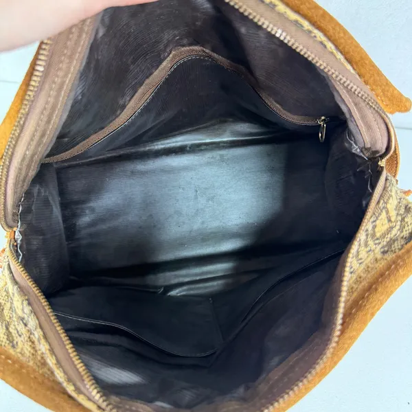Vintage Brown Suede Tapestry Travel Bag Geometric 70s Boho Weekender Talon Zip - Image 10