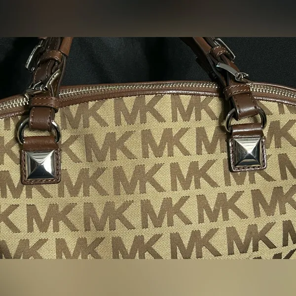 Michael Kors Calista Brown & Tan Logo Satchel Bag Purse - Image 7