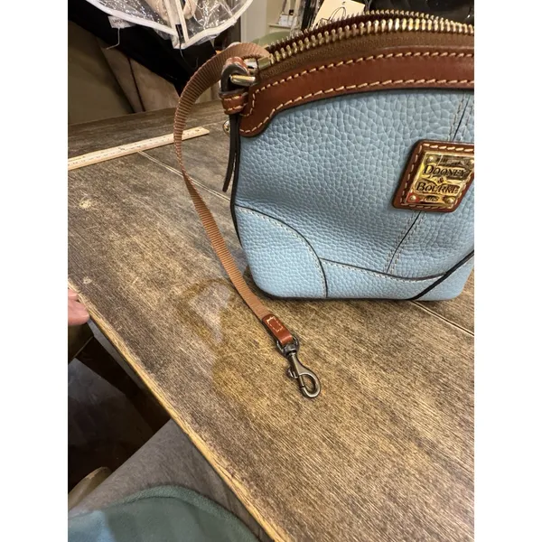 light blue Dooney & Bourke Pebble Grain Mini Domed Crossbody Brown Leather Trim - Image 9