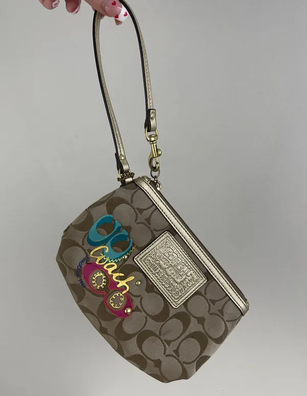 Coach Brown Logo Vibrant Graphic Studded Mini Wristlet Wallet Purse - Image 2
