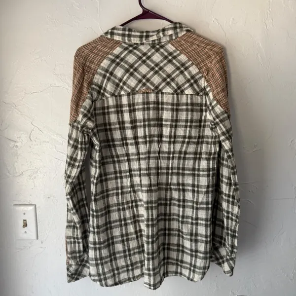 Free People‎ Womens Plaid Long Sleeve Button Shirt Olive Green Bohemian Cabin XS - Image 8