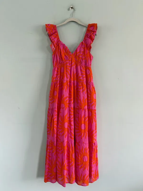 NWT J.Marie Mara Ruffle Sleeve Sunshine‎ Print Pink Boho Tie Back Midi Dress - Image 4