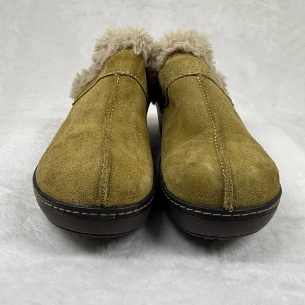 Crocs Suede Fur Lined Platform Clogs Olive Green Brown Wedge Mules‎ Womens 7 - Image 2