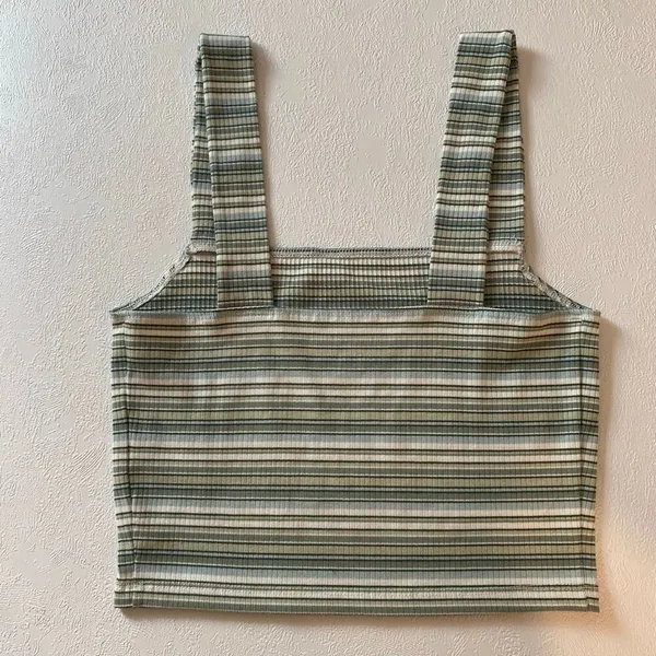 American Eagle Striped Ribbed Crop Tank Top XS Green Square Neck Y2K - Image 3