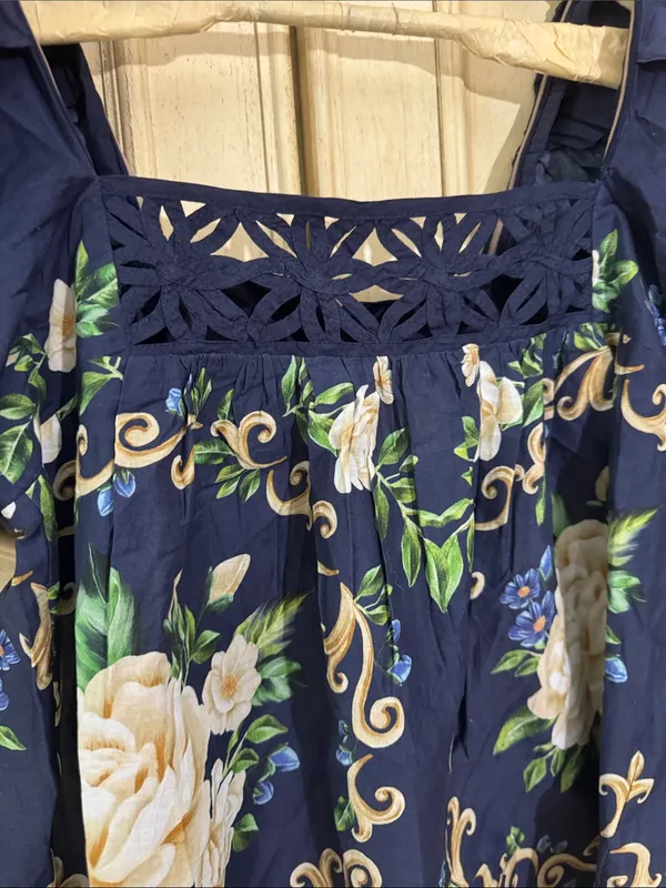 Farm Rio FLOWER TAPESTRY BLUE FLOWERED YOKE BLOUSE Size XSmall - Image 7