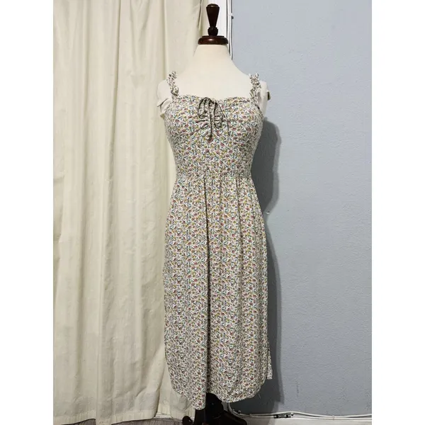 AUW L Green Floral Smocked Tie-Front Ruffle Strap Slit Midi‎ Dress Padded Bra - Image 3
