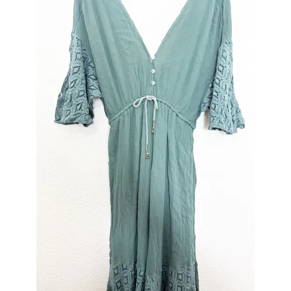 Free People Angela Jumpsuit Dried Pine Crochet Jumper Large Flowy Bohemian - Image 9