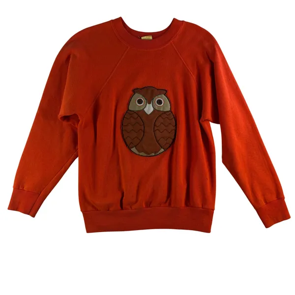 Vintage MCM M Medium Sweatshirt Owl Applique Raglan Pullover Orange Boho Kitschy - Image 2