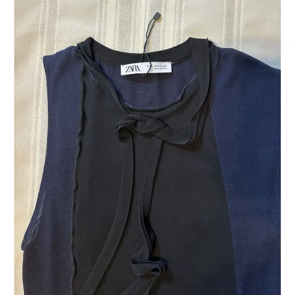 Zara Knit Asymmetrical Combination Color Block Midi Dress Black/Navy Blue Sz S - Image 11