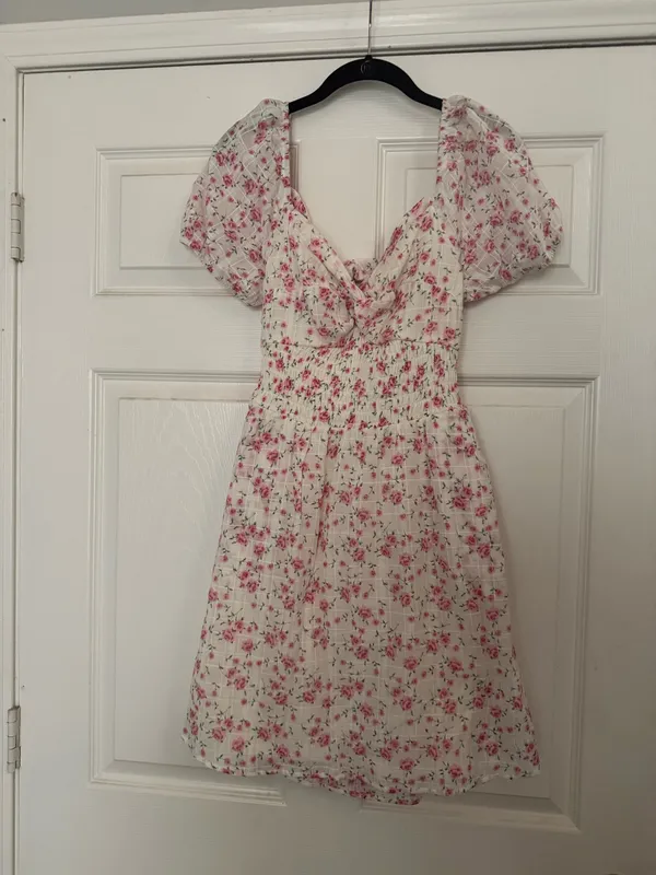 As U Wish Women’s Medium Floral Cottagecore Mini Dress Puff Sleeve Smocked Pink - Image 2