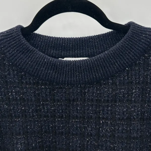 MNG Women Navy Blue‎ Metallic Tweed Knit Fringe Sweater Pullover Top Size Large - Image 4